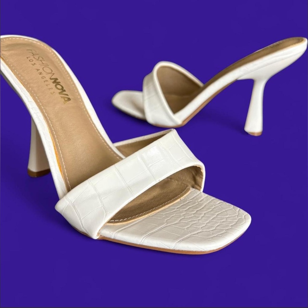 Fashion Nova White Croc-Embossed Square Strap Heeled Mules